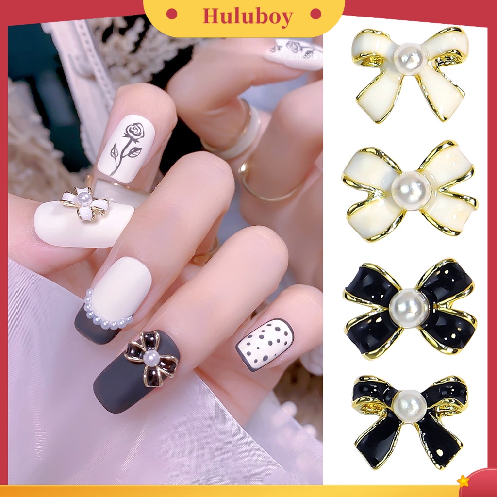 {In Stock} 3Pcs Busur Dekorasi Kuku Bersinar Tiga Dimensi Gaya Perancis DIY Mini Angin Harum Kecil Faux Pearl Bow Hitam Putih Nail Art Bows Untuk Salon Kuku