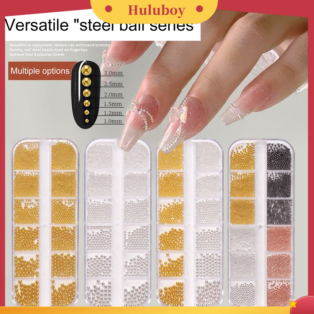 {In Stock} 1kotak Bola Baja Kuku Tiga Dimensi Berkilau Berkilau DIY Ukuran Campur 12kisi Bola Baja Bulat Hiasan Nail Art Untuk Salon Kuku