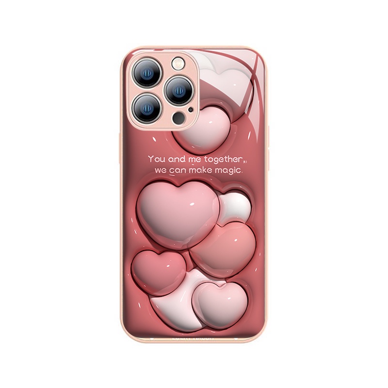 IPHONE Case Kaca Tempered Bunga Strawberry Malan New Stereoskopik Heart &amp; Pink Butterfly &amp; Purple Untuk Capita Iphone11 12 13 14 Pro Max Plus X Xr Xmax Cat Metalik Case Cover