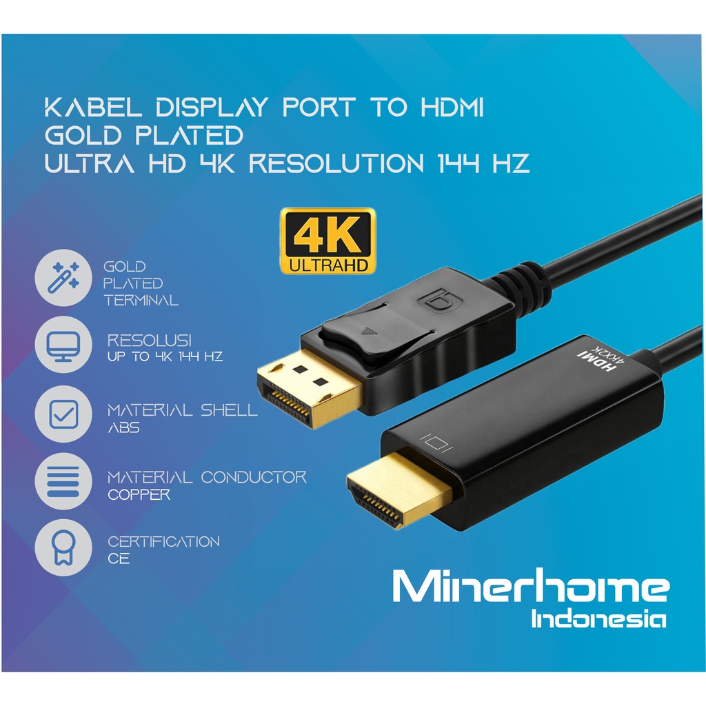 Kabel Display Port / DP to HDMI Gold Plated 4K 144Hz High Quality