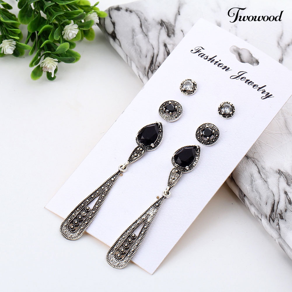 Twowood 4pasang Bohemian Wanita Cubic Zirconia Bulat Drop Ear Studs Linear Earrings Set