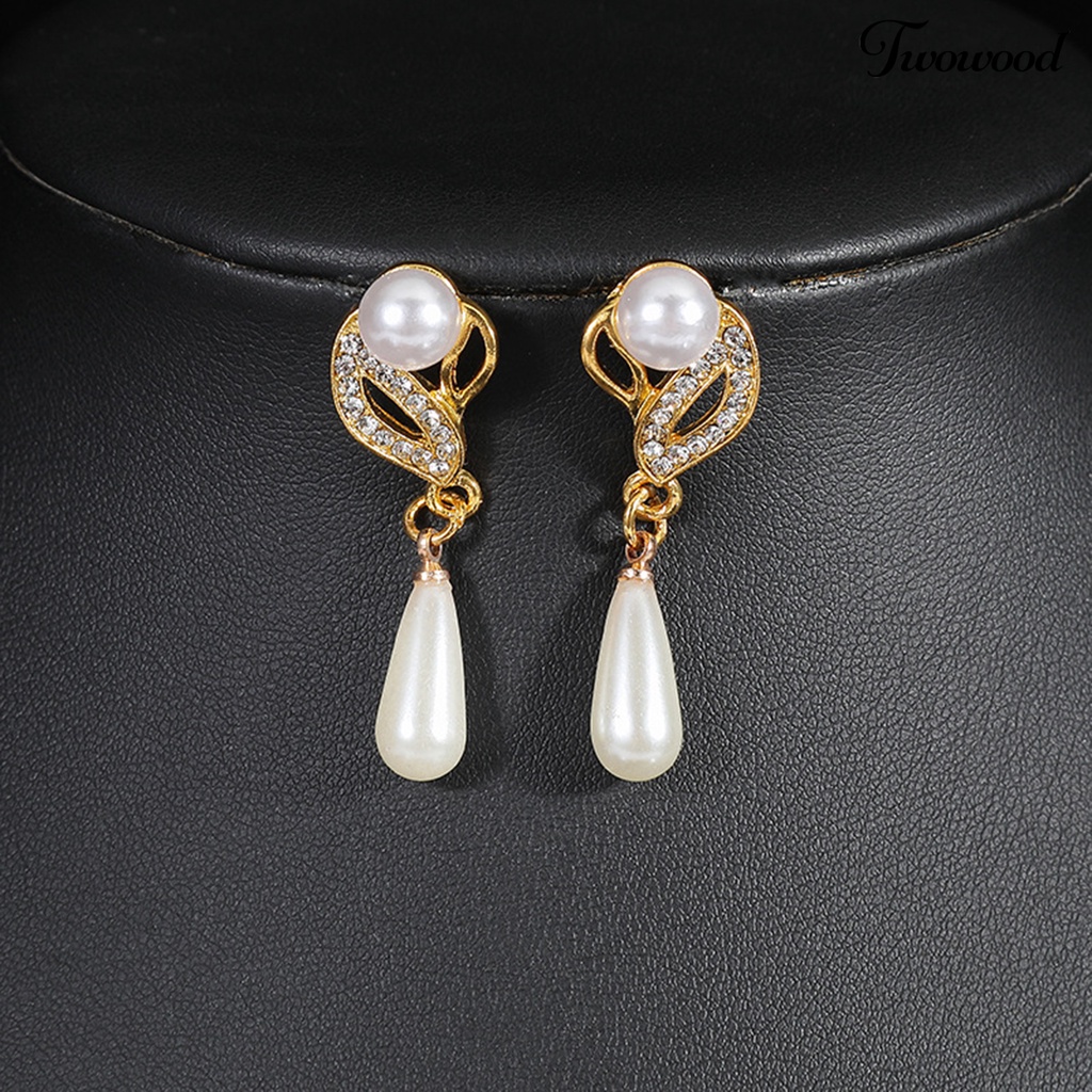 Twowood 1set Set Perhiasan Wanita Mutiara Imitasi Bentuk Tetesan Air Pernikahan Perhiasan Pengantin Paduan Temperamen Berlian Imitasi Drop Anting Kalung Hadiah Anniversary