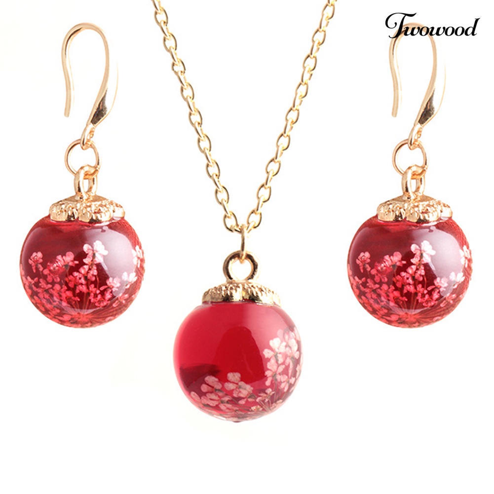 Twowood Fashion Wanita Bunga Kering Bola Kaca Liontin Kalung Kait Anting Set Perhiasan