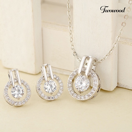 Twowood Women's Zircon Round Pendent Choker Rantai Kalung Anting Set Perhiasan Pernikahan