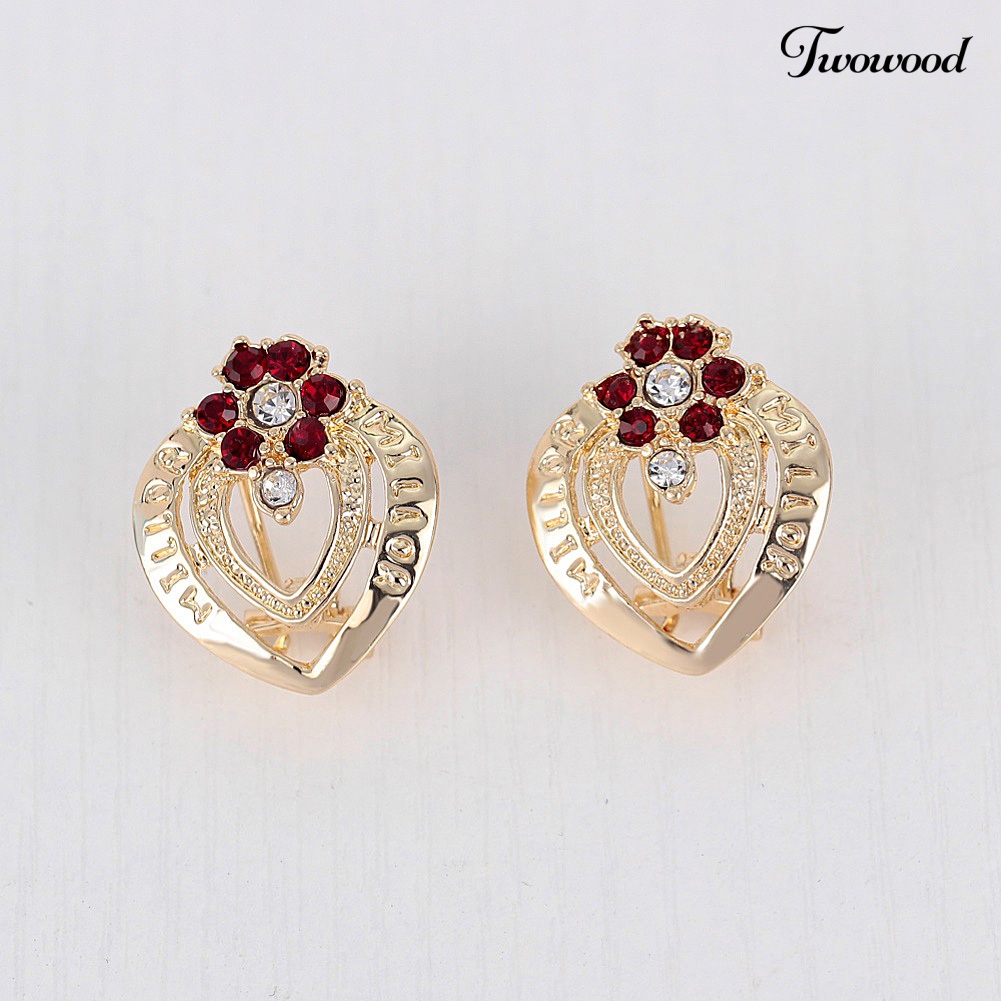 Twowood Berlian Imitasi Hati Bunga Kalung Stud Anting Cincin Gelang Wanita Set Perhiasan