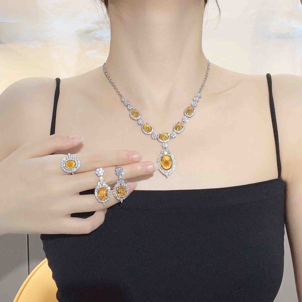 Goldkingdom Aksesoris Perhiasan Fashion Ready Stock Kreatif Mundur Set Kalung Wanita Briliant Berlian Kuning Earstuds Cincin Terbuka Menarik Gelang Harta Karun Warna-Warni Set