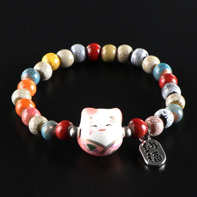 Gelang Kucing Keberuntungan Untuk Gadis Adjustable Manik-Manik Warna-Warni Gelang Harajuku Keramik Liontin Kucing Pesona Bracelets