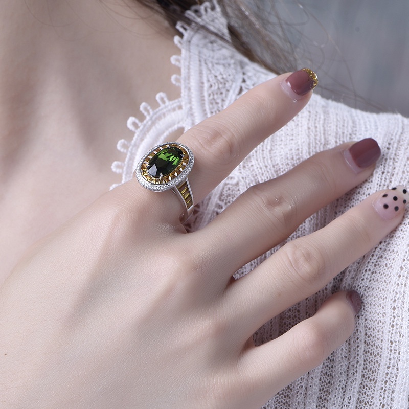 Goldkingdom Aksesoris Perhiasan Fashion Ready Stock Perhiasan Definisi Tinggi T-square Diamond Ring Dengan Berlian Kuning Dan Zamrud Alami Turmalin Cincin Terbuka.