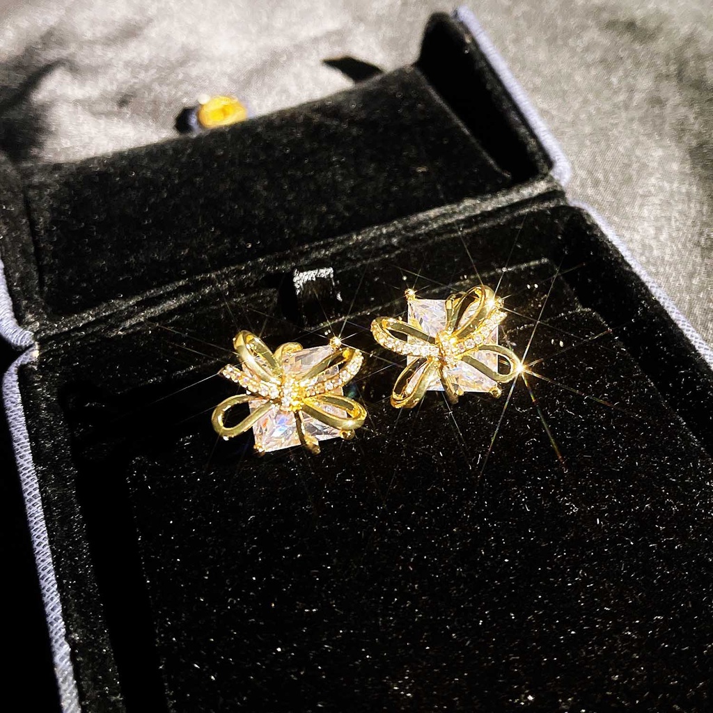 Goldkingdom Aksesoris Perhiasan Fashion Ready Stock Jewelry Gift Box Dengan Berlian Busur Stud Anting Perak Disepuh Jarum Earrings