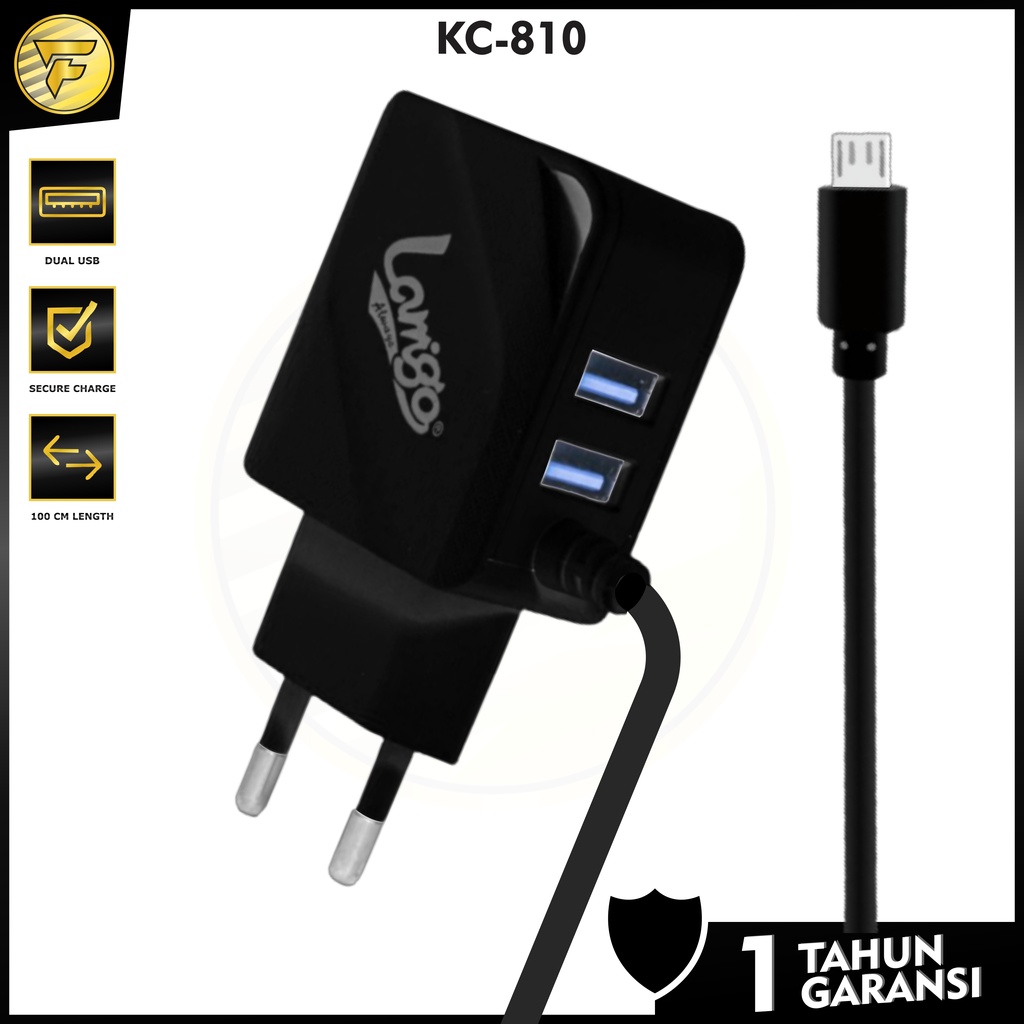 Lamigo KC810 Charger DUAL USB + kabel sambung micro USB original cas hp powerbank tws speaker dll