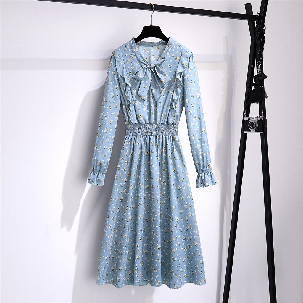 COD 2023 New Fashion A-Line Korean Style Long Sleeve Dress for Women Hijau Biru Putih Wanita Midi Dress Korea Lengan Panjang Muslimah Motif Bunga Panjang Gaun