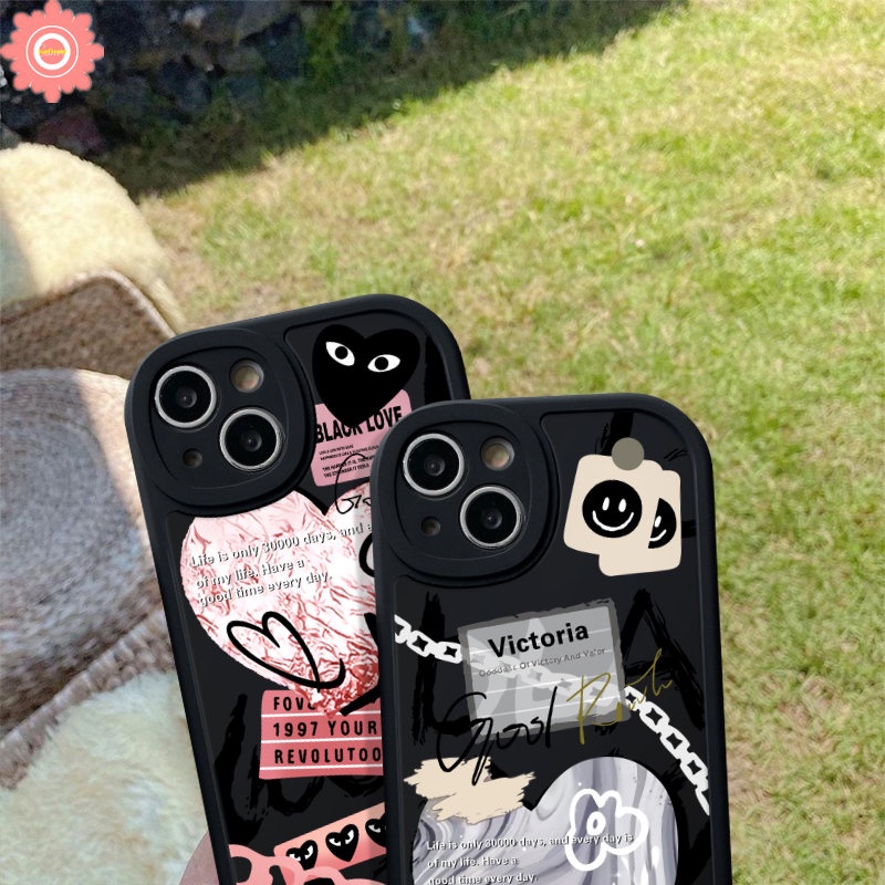 IPHONE Case Kompatibel Untuk Iphone11 7Plus XR 13 14 12 Pro Max X XS Max 7 8 6 6s Plus SE 2020 Ins Graffiti Cinta Hati Trendi Merek Comme des Garcons Smile Label Lembut Tpu Cover