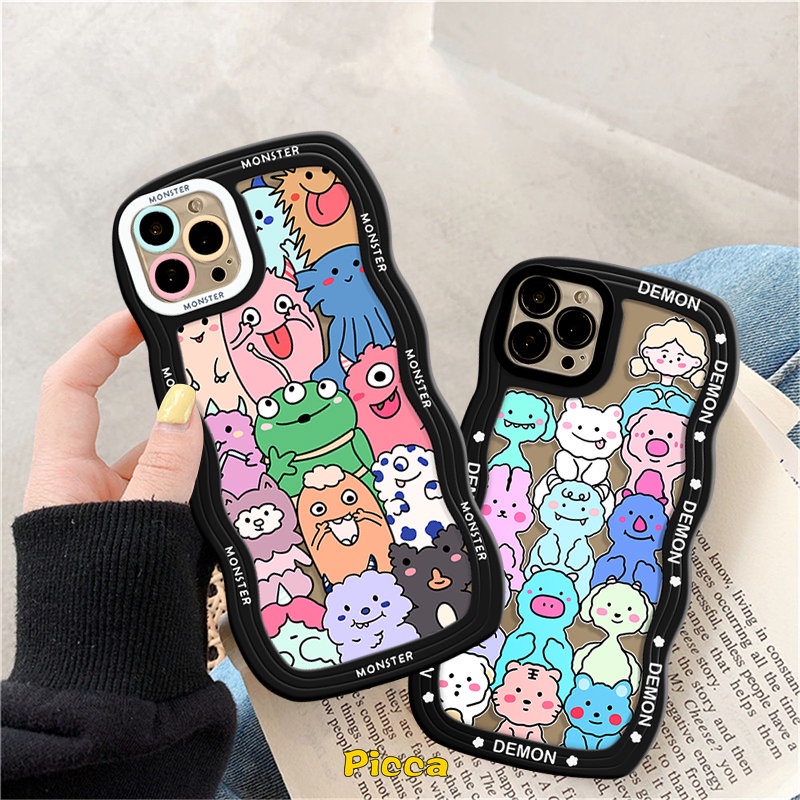 Case Monster Kecil Lucu Imut Kompatibel Untuk IPhone XR 11 13 12 14 Pro Max 7Plus 6s 6 7 8 Plus X XS Max14 Plus SE 2020 Kartun Hewan Lembut Bergelombang Tepi Belakang Ponsel Cover