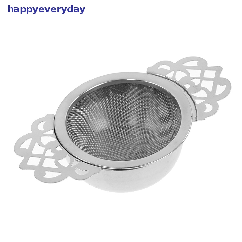 [happy] 1pc Saringan Teh Stainless Steel Dengan Drip Bowl Double Ear Mesh Infuser Filter [ID]