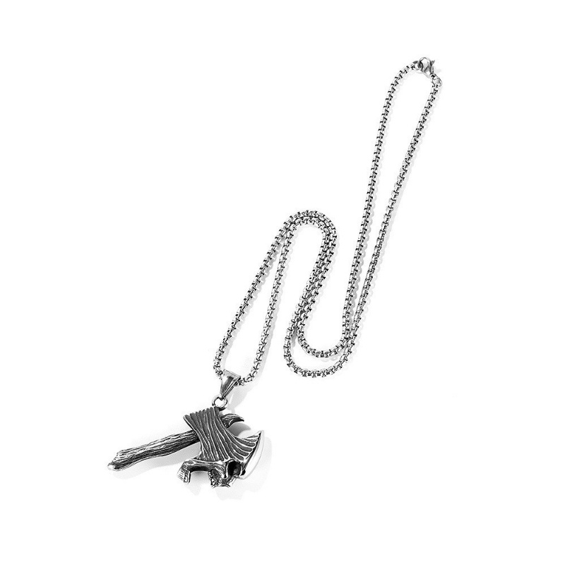 [X C Kalung] Baru Silvery Retro Ghost Axe Skeleton Battle Axe Titanium Steel Liontin Punk Hip Hop Stainless Steel Kalung Hadiah Pesta Ulang Tahun Untuk Pria Dan Wanita