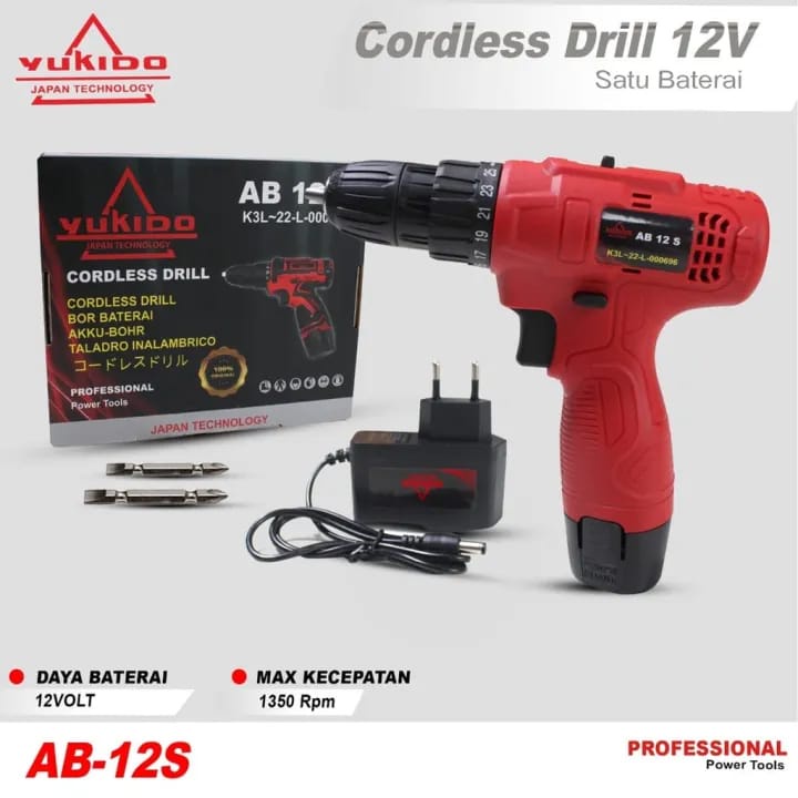 Mesin Bor Baterai Cordless Drill 12V 12S 10Mm Kayu Tembok Besi Jld - YUKIDO J12V 1BT MERAH