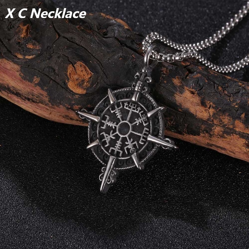 [X C Kalung] Baru Silvery Vintage Viking Rune Jimat Salib Liontin Punk Hip Hop Stainless Steel Kalung Hadiah Pesta Ulang Tahun Untuk Pria Dan Wanita