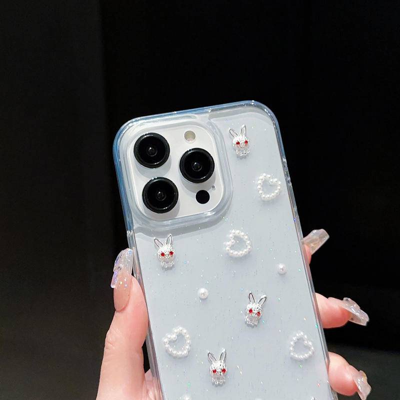 Glitter 3D Mutiara Cinta Transparan Casing Ponsel Untuk iPhone 14 13 12 11 Pro MAX Plus Mini Kartun Kelinci Epoxy Pelindung Soft Cover Untuk iPhone X XS MAX XR 7 8 Plus SE 2022 2020