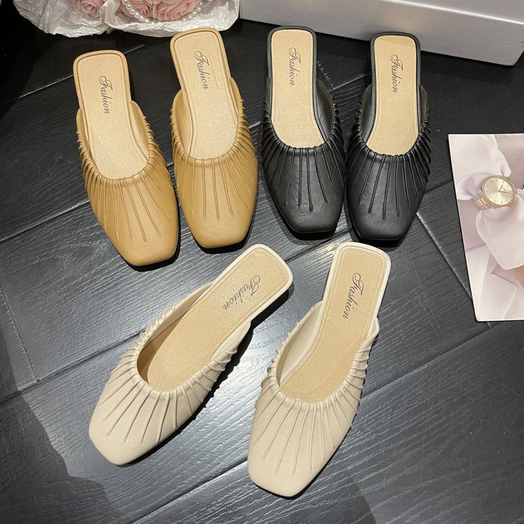GROSIRTAS TG1718 Sandal Wanita Flat Jelly Mules Kerut Garis Import Fashion Korean Terbaru