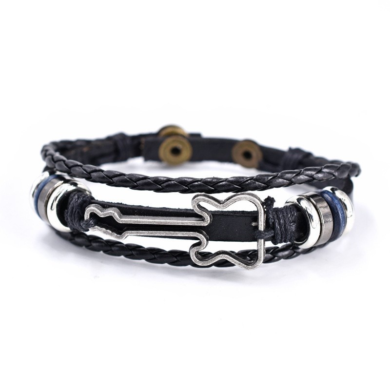 [X C Gelang] Baru Alat Musik Gaya Gelang Hitam Kulit Vintage Hip Hop Punk Gelang Kulit Lengan Manik-Manik Multilayer Zinc Alloy Anyaman Gelang