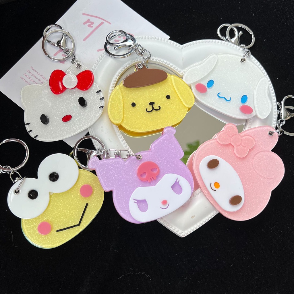 CERMIN BULAT + GANTUNGAN KUNCI SANRIO PORTABLE MOTIF KARTUN CINNAMOROLL KUROMI MELODY / KACA BULAT SANRIO PREMIUM HIGH QUALITY / CERMIN BULATT AESTHETIC LUCU