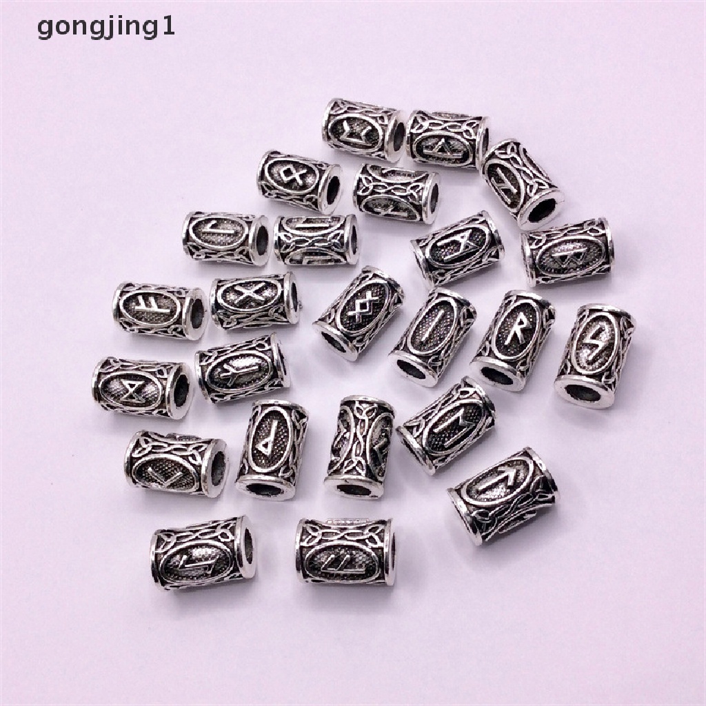 Ggg 24pcs Viking Runes Set Manik-Manik Longgar Spacer Manik-Manik Untuk Kepang Rambut Gimbal Beads DIY Membuat Perhiasan ID