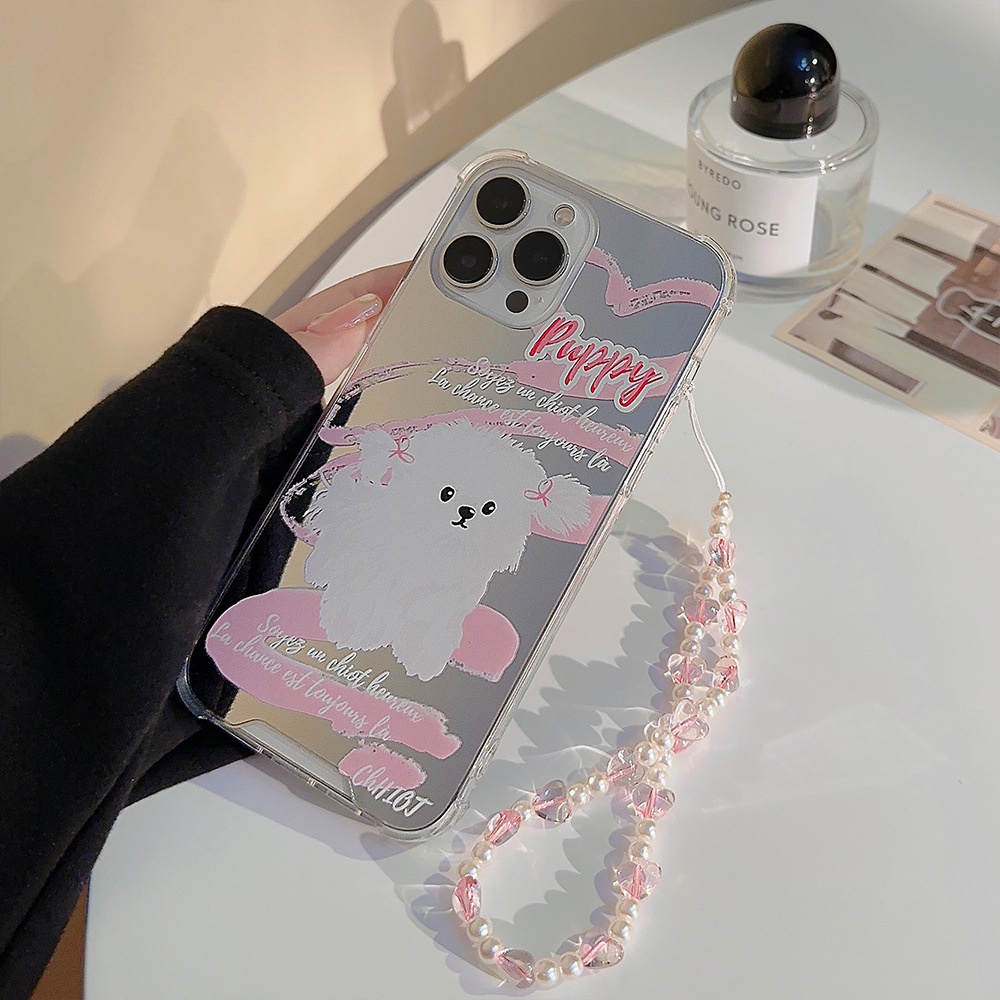 IPHONE Super Cute Braided Puppy Dog Phone Mirror Case Lembut Penutup Pelindung Dengan Rantai Manik-Manik Mutiara Untuk Iphone7 8 PLUS X XR XS 11 12 13 14 Mini PRO MAX SE 2020