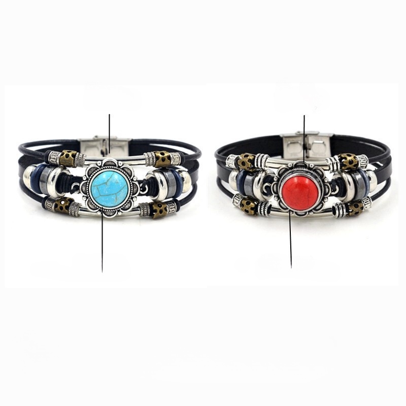 [X C Gelang] Baru Pirus Stainless Steel Gesper Gelang Kulit Hitam Vintage Hip Hop Punk Gelang Kulit Lengan Manik-Manik Multilayer Zinc Alloy Anyaman Gelang