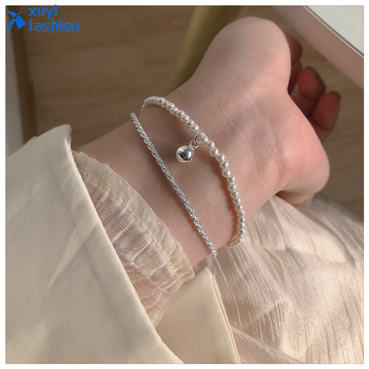 Sparkling Double Layer Gelang Untuk Wanita Manik Mutiara Perak Bintang Bracelets Perhiasan Aksesoris