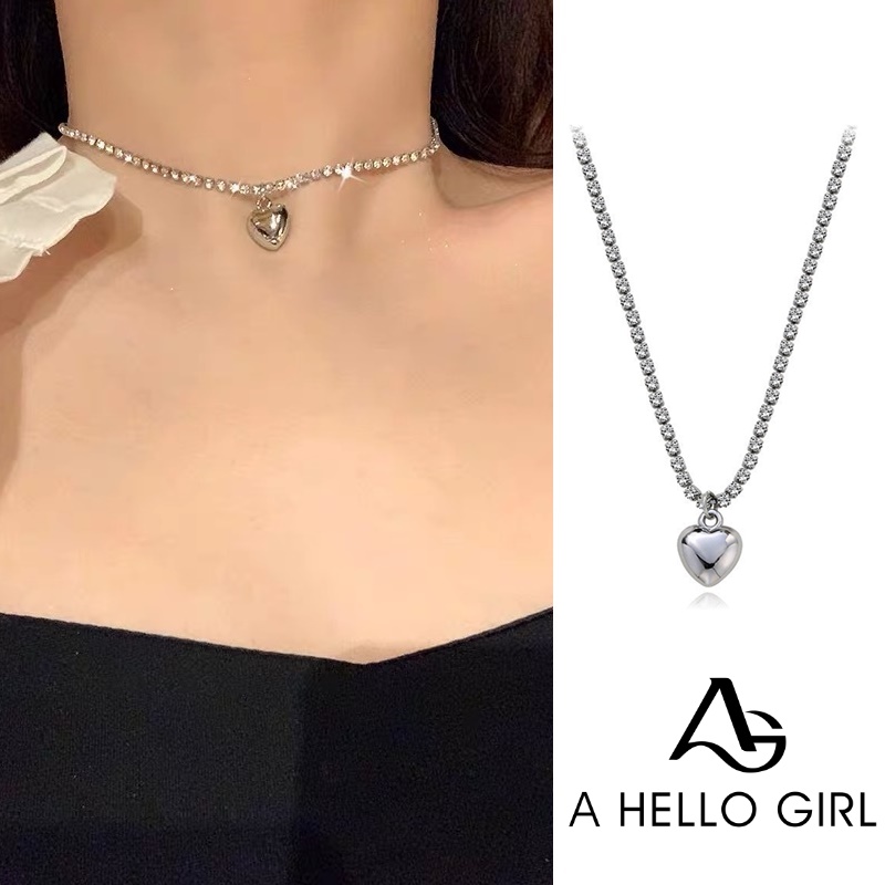 Kalung Rantai Desain Hati Aksen Berlian Gaya Korea Untuk Anak Perempuan