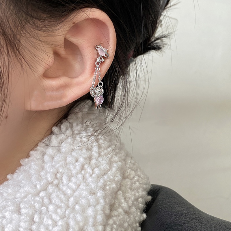 Papaozhu 1PC Manis S925 Perak Berkilau Pink Zirkon Bintang Hati Beruang Stud Anting-Anting Untuk Wanita Perempuan Lucu Bersinar Kristal Menjuntai Anting-Anting Temperamen Telinga Hiasan Pakaian Sehari-Hari