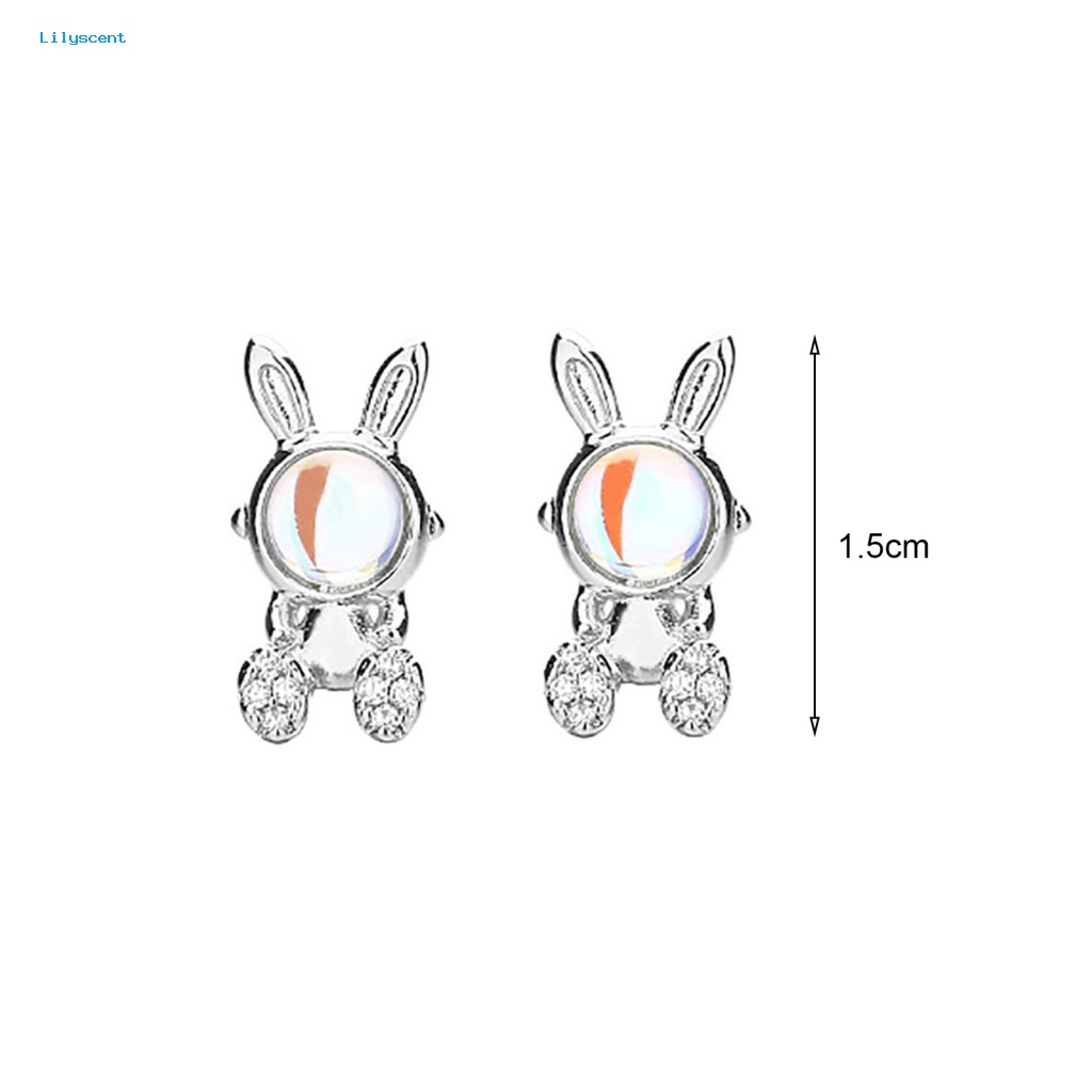 Lilyscent 1pasang Giwang Telinga Tembaga Perhiasan Aksesoris Berlian Imitasi Hias Kelinci Bunny Ear Studs Warna Silver