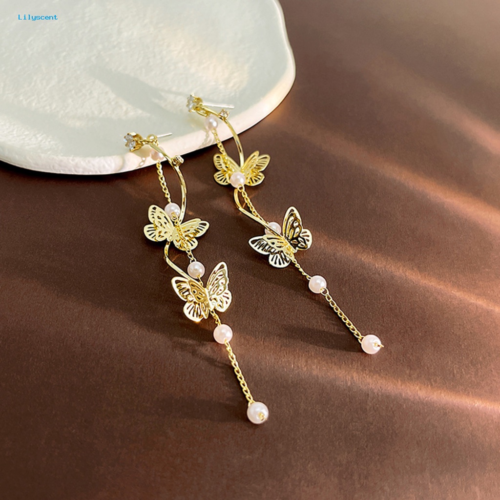 Lilyscent 1pasang Anting Menjuntai Anti Karat Untuk Perjamuan Mutiara Imitasi Kupu-Kupu Stud Earrings Perhiasan Aksesoris Geometris