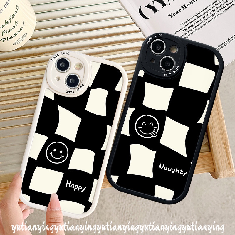 IPHONE Casing Ponsel Kotak-Kotak Hitam Putih Fashion Kompatibel Untuk Iphone11 13 14 12 Pro Max7 Plus XR X XS Max7 8 6s 6 14 Plus SE 2020 Wajah Senyum Lucu Lembut TPU Pasangan Cover