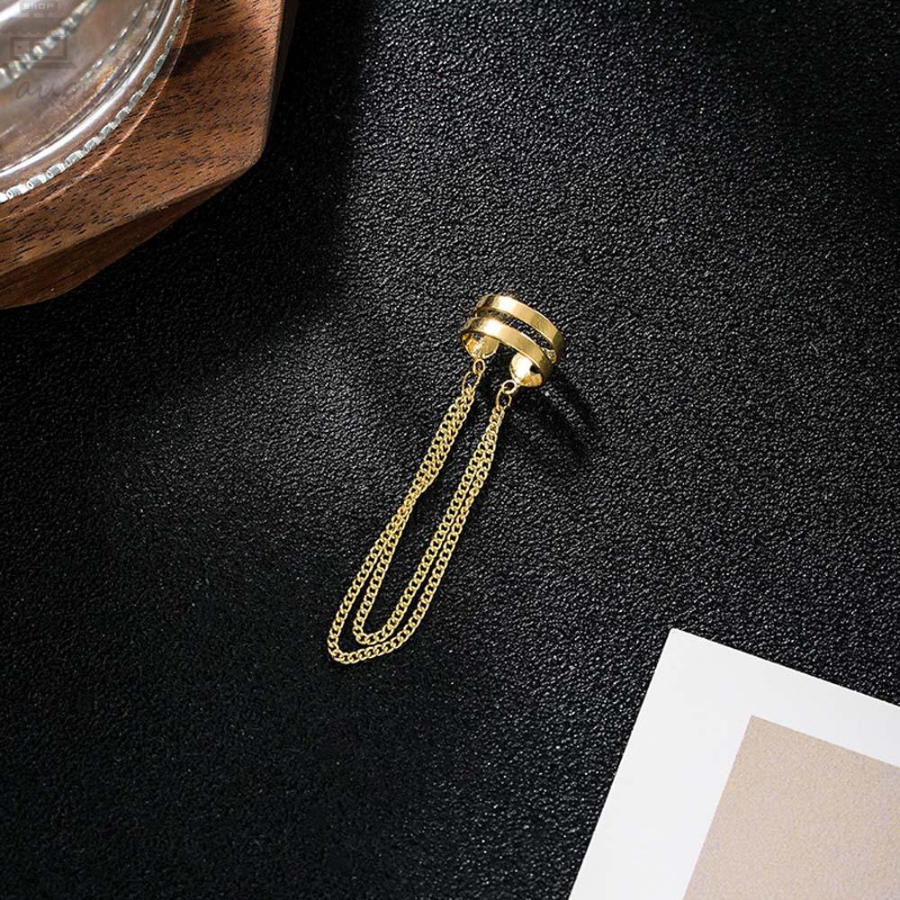 Anting Klip Agustinina Temperamen Emas Rumbai Panjang Multilayer Tanpa Tindik Alloy Hook Clip