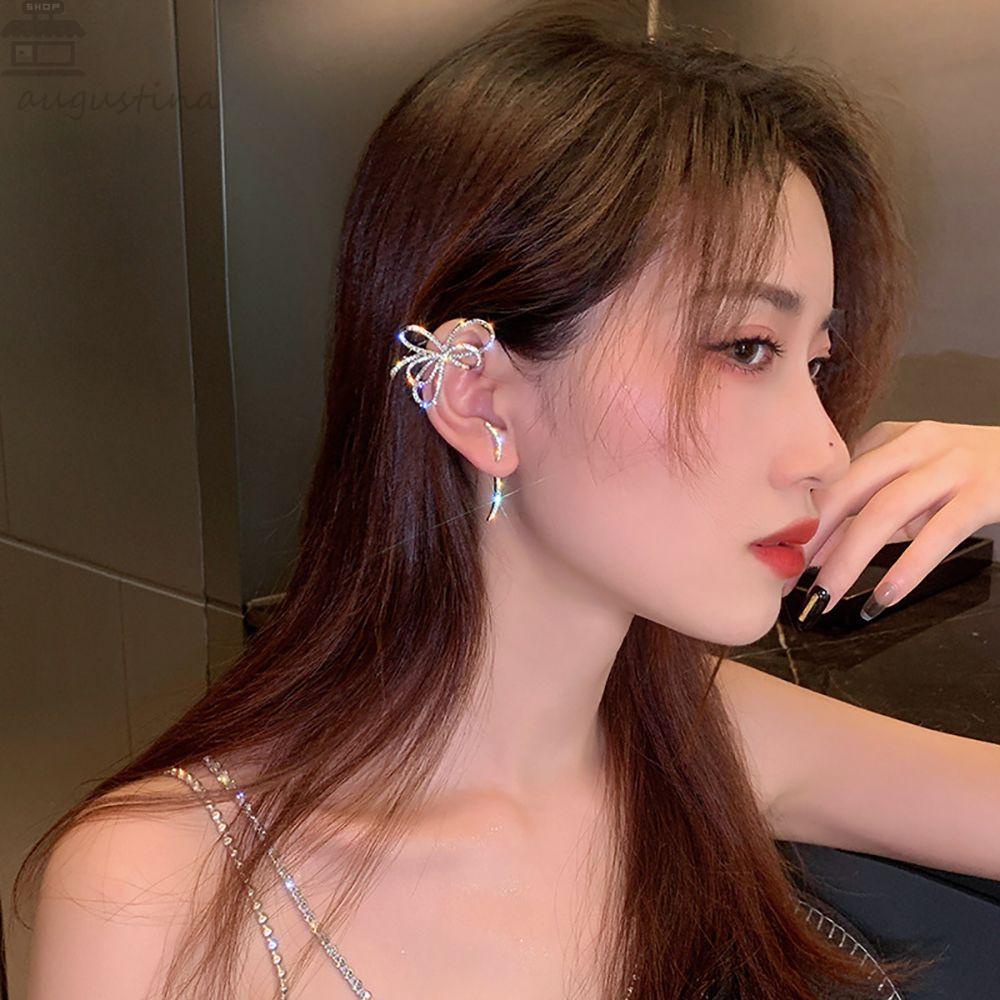 Agustinina Bow Earrings Sweet Simple Earcuff Perempuan Berlian Imitasi Paduan Telinga Tulang Klip