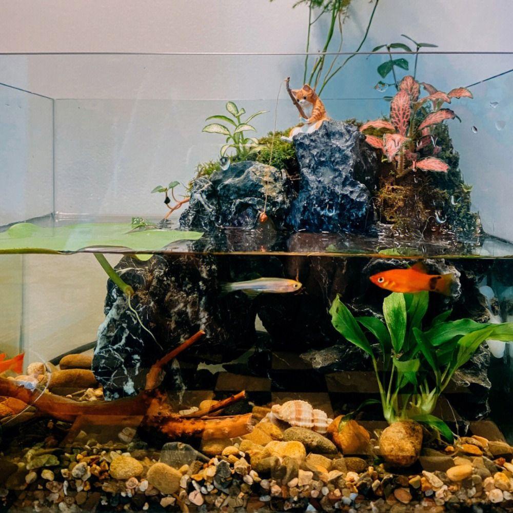 Lanfy Patung Kucing Serbaguna Kucing Memancing Lanskap Mikro Bonsai Kerajinan Tangan Craft Aquarium Tanks Decor Mudah Digunakan Ornamen Tangki Ikan