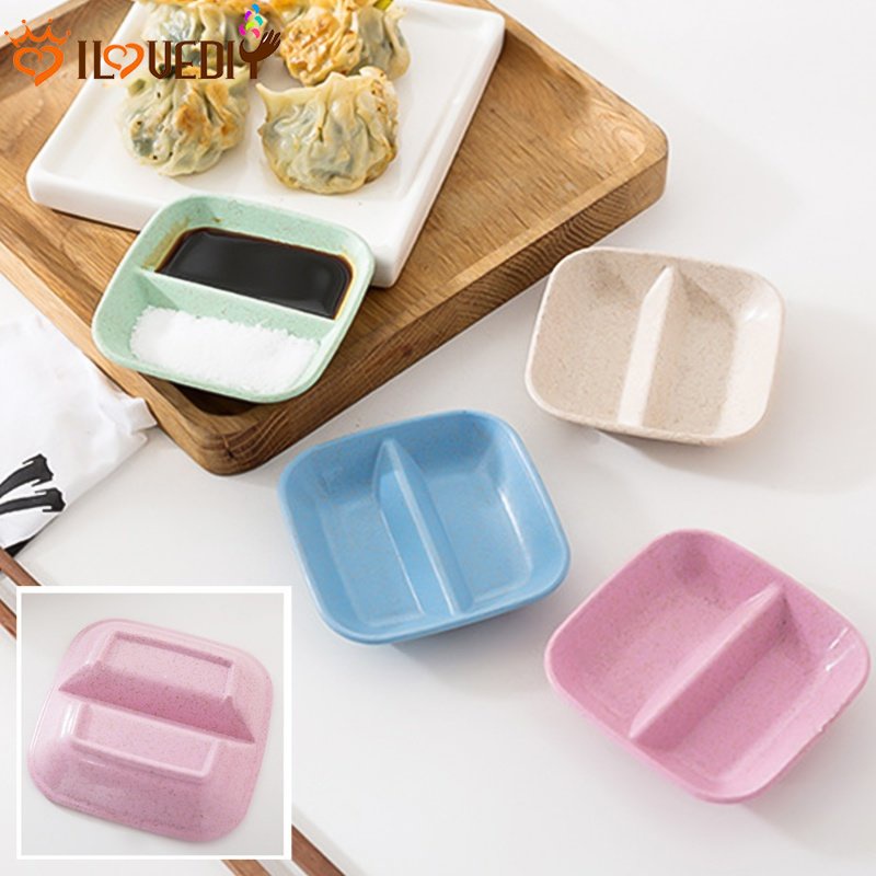 [Unggulan] Wheat Straw Double Grid Small Dish Mini Kecap Saos Dipping Dish Appetizer Tray Tempat Bumbu Dapur Peralatan Makan Piring Cemilan Peralatan Makan Bumbu Dapur Rumah Piring Snack Dish