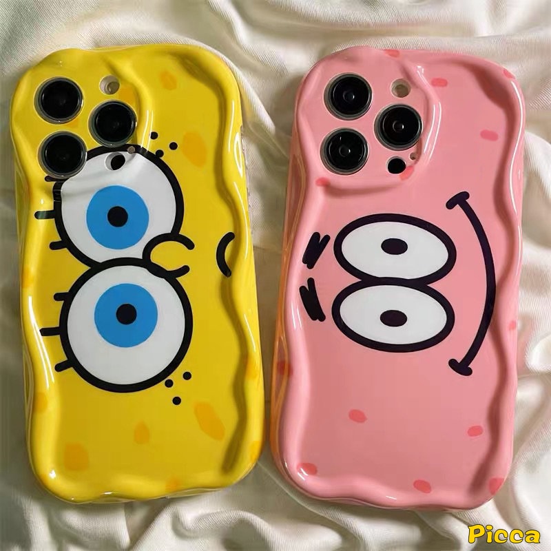 Case SpongeBob Patrick Star Kartun Lucu Kompatibel Untuk IPhone 7Plus XR 11 13 12 14 Pro Max X XS Max 6 7 6s 8 Plus SE 2020 3D Wavy Curved Edge Glossy Shockproof Airbag Soft Cover