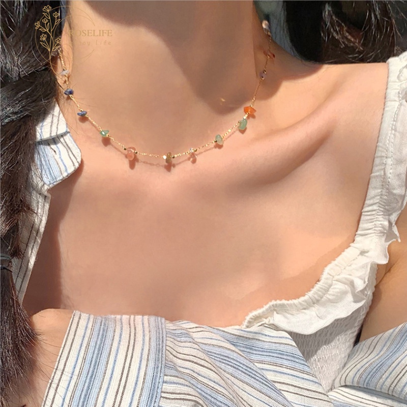 Roselife Korea Retro Warna-Warni Batu Alam Manik-Manik Choker Kalung Untuk Wanita Gadis ins Trendi Pelangi Manik-Manik Rantai Kalung Pendek Hadiah Aksesoris