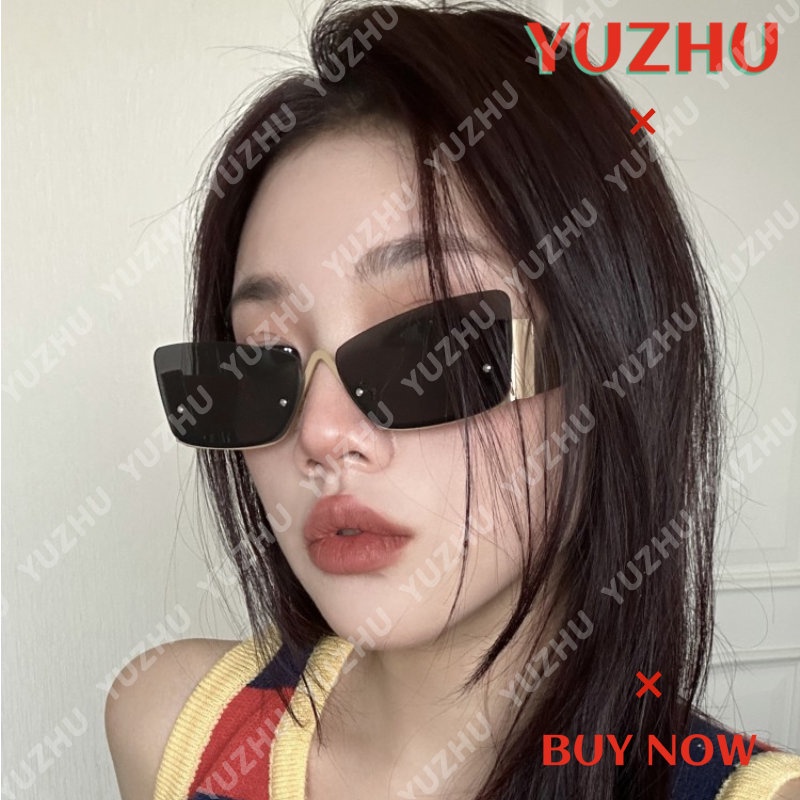 (YUZHU) Western Fashion Rimless Cat Eye Sunglasses Untuk Wanita Cyberpunk Half Frame Sunshade Sunglasses