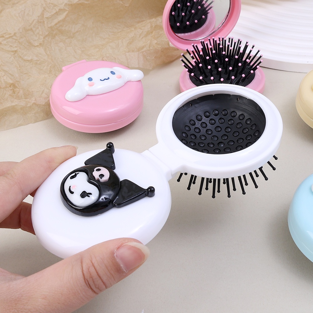 [Unggulan] 1pc Kartun 2-in-1 Putaran Air Bag Comb Dengan Cermin Sanrio Air Cushion Comb Portable Melody Kuromi Sisir Pijat Lipat Perlengkapan Travel Alat Styling Rambut Untuk Wanita