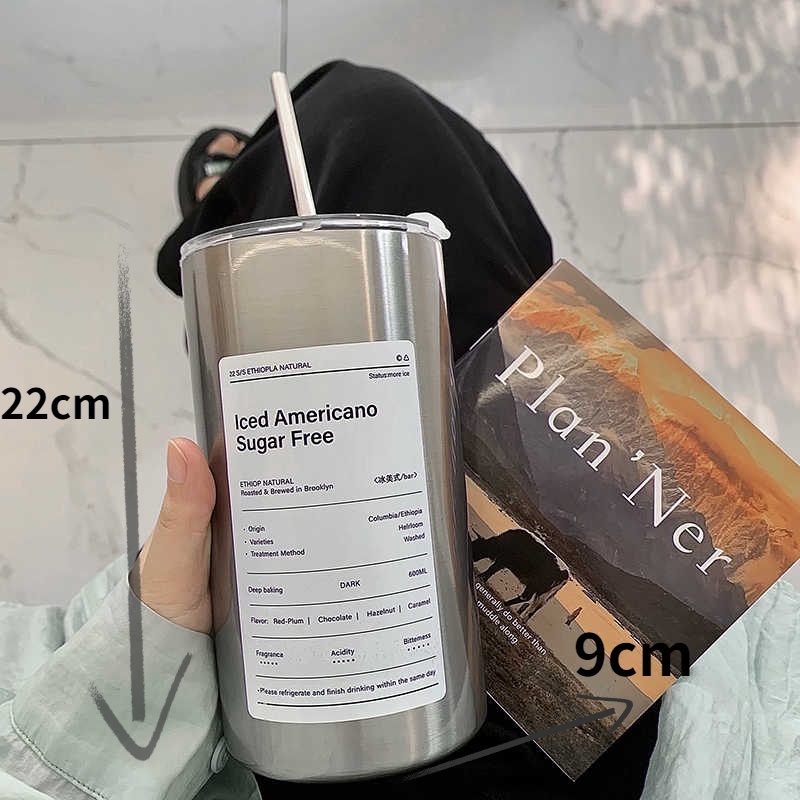 【Ready Stock】600ml Botol Minum Stainless Steel/600ml Sedotan  Cangkir/Boto Minum Kopi Sedotan/Cangkir Thermos Kopi/Bahan Stainless Steel 600ml/Portabel Cangkir Vakum