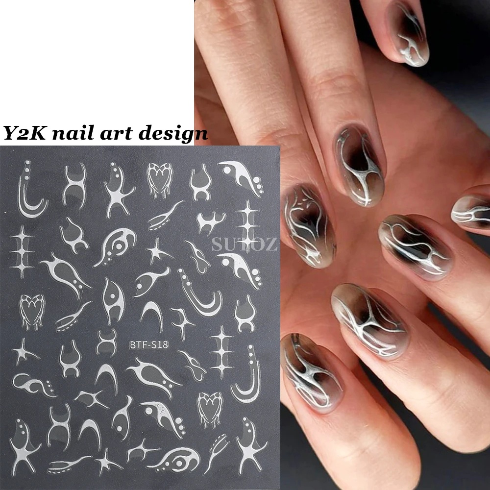 [Unggulan] 1pc 3D Self-Adhesive Silver Lines Nail Decals Laser Geometri Api Stiker Kuku Gothic Manicure Decor DIY Nail Art Alat Kuku Untuk Wanita