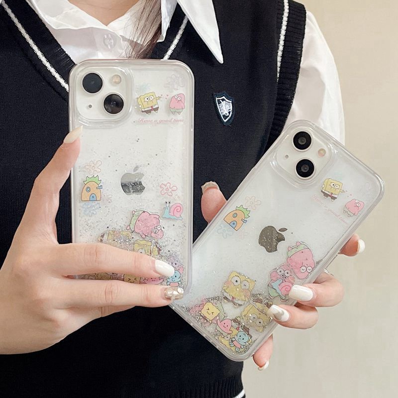 Cute Quicksand Spongebob &amp; Patrick Star Girl Woman Soft TPU Case HP iP iPhone 12 13 14 Pro Max 11 FTD Casing Apple