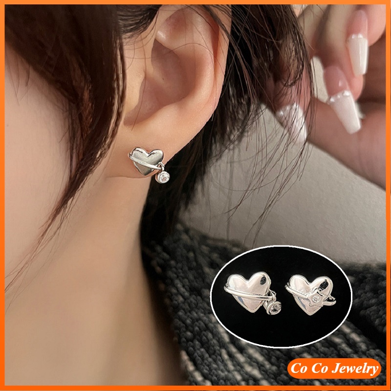 Anting Rumbai Zirconia Super Flash Hati Logam Manis Dan Keren COCOJEWELRY