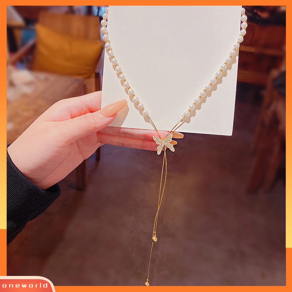 [ONE] Fashion Kalung Pengerjaan Halus Desain Rumbai Kupu-Kupu Eye-catching Finishing Terang Tidak Luntur Dekorasi Tahan Lama Wanita Mutiara Imitasi Kalung Perhiasan Aksesori