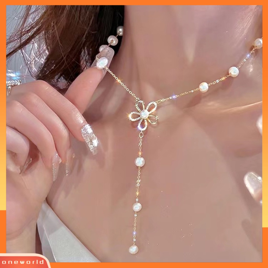 [ONE] Wanita Kalung Ekstensi Rantai Bentuk Bunga Berongga Keluar Mutiara Imitasi Leher Yang Dapat Disesuaikan Dekorasi Hadiah Ulang Tahun Prom Liontin Kalung Wanita Perhiasan