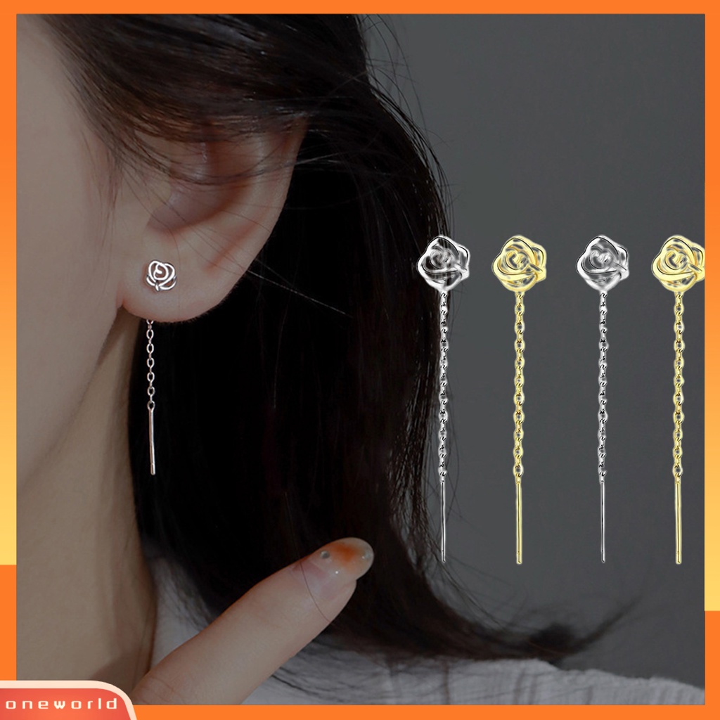 [EONE] 1pasang Wanita Drop Earrings Bersinar Berongga-out Bunga Mawar Garis Rantai Gaya Elegan Dekorasi Telinga Warna Emas/Perak Panjang Liontin Anting Perjamuan Pesta Perhiasan Hadiah