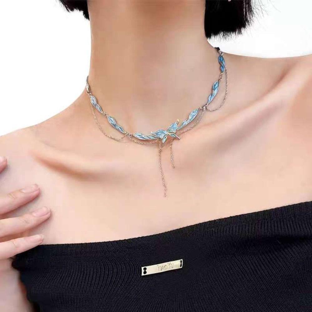 Mxbeauty Wanita Y2K Kalung Pesona Indah Romantis Niche Desain Fashion Perhiasan Biru Kupu-Kupu Geometris Alloy Gadis Pembukaan Cincin